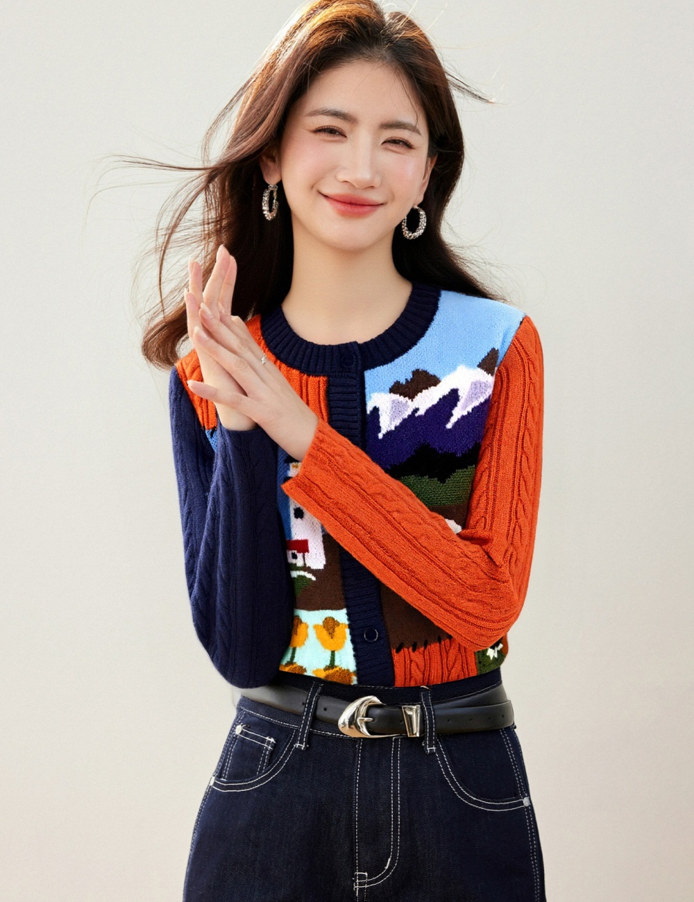 Splice cartoon long sleeve jacquard cardigan