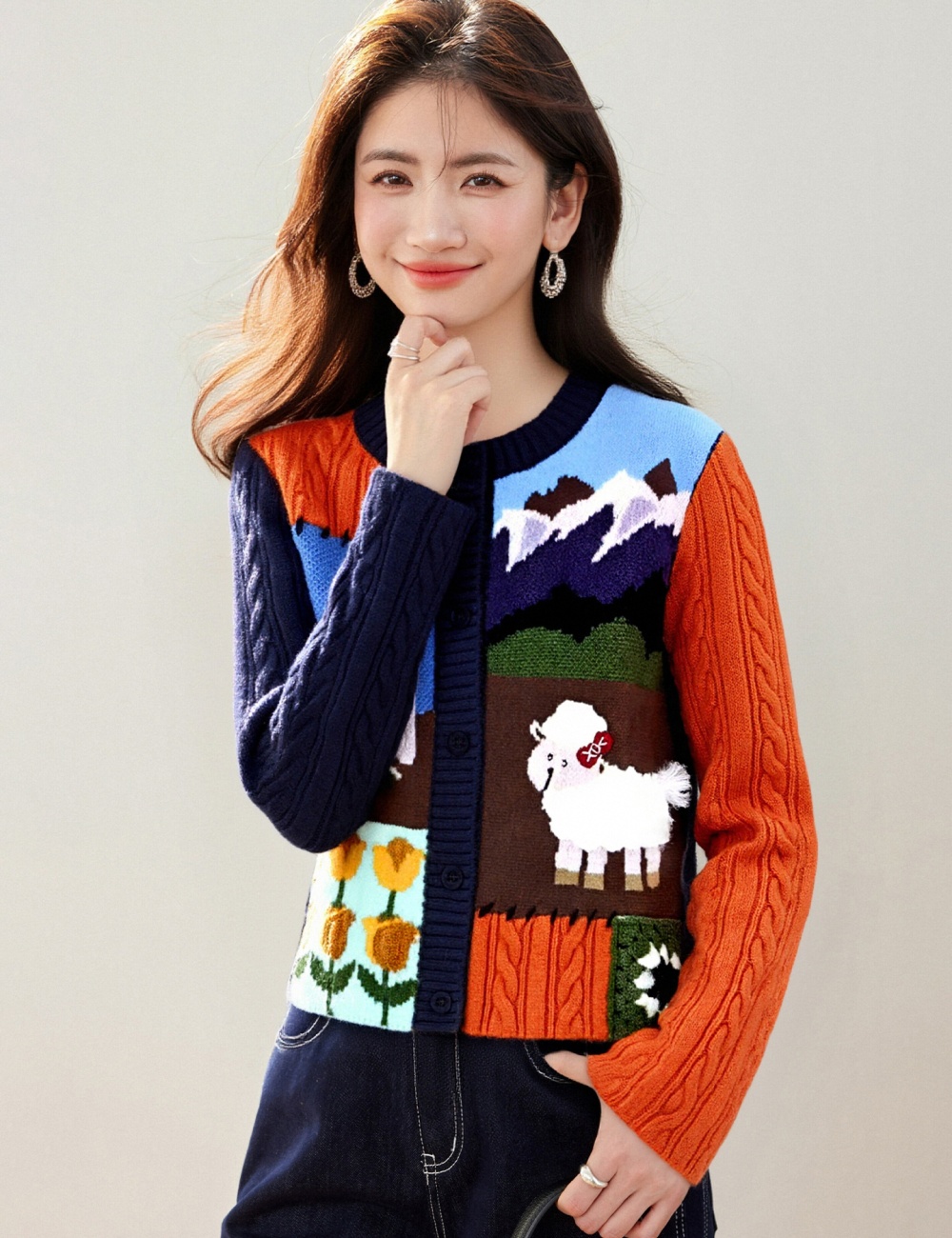 Splice cartoon long sleeve jacquard cardigan