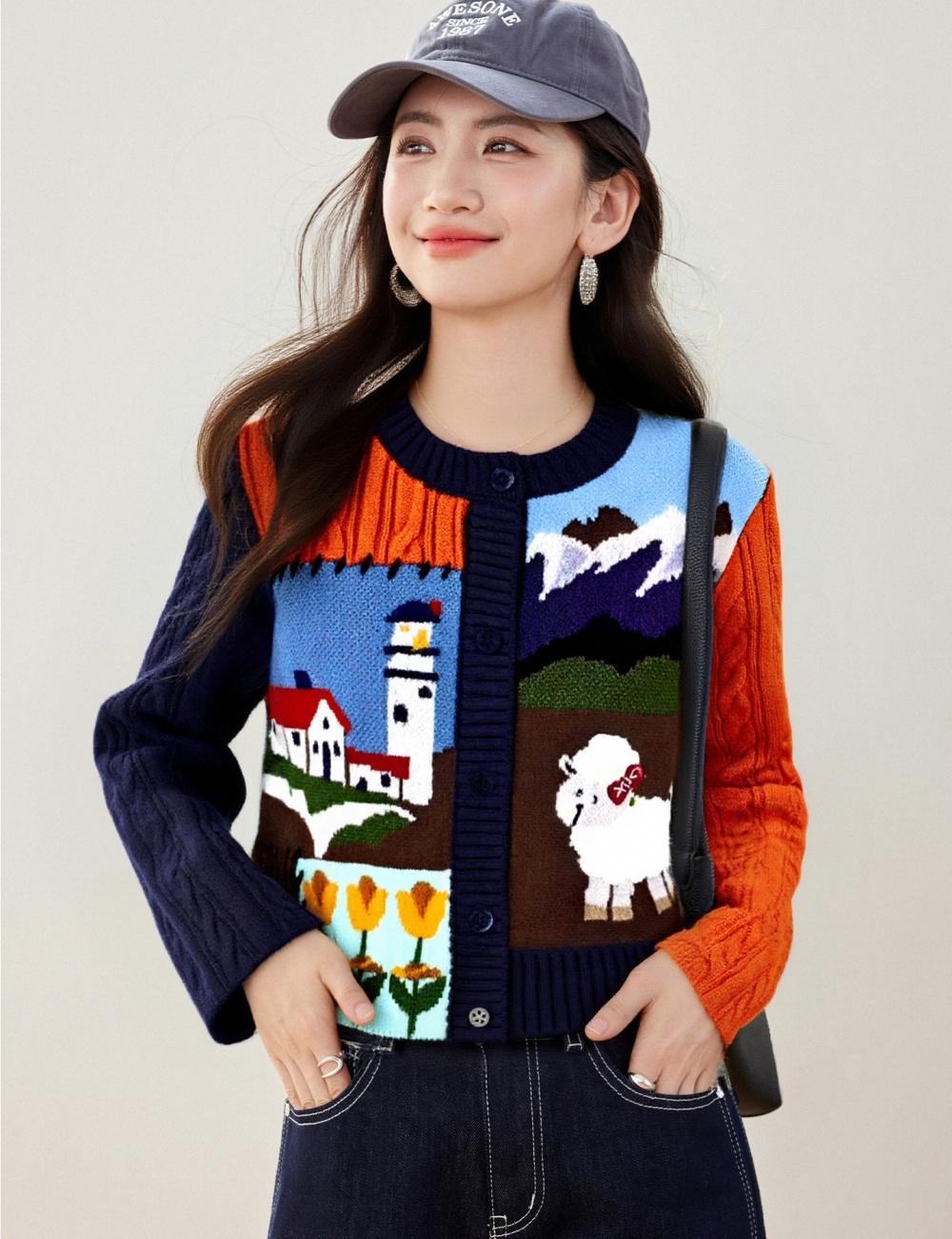 Splice cartoon long sleeve jacquard cardigan