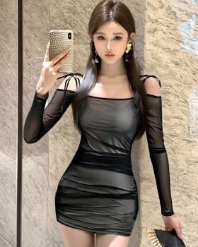 Package hip slim hollow autumn fold sexy dress