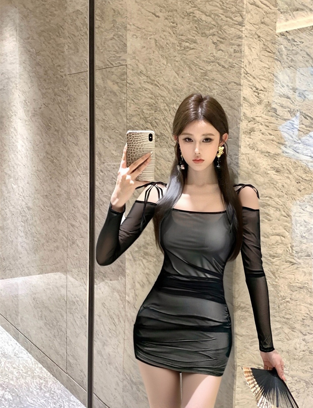 Package hip slim hollow autumn fold sexy dress