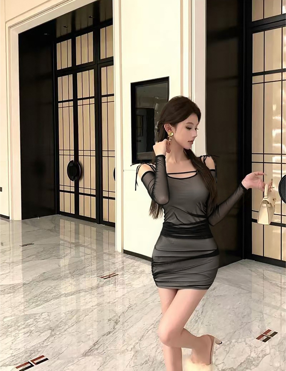 Package hip slim hollow autumn fold sexy dress