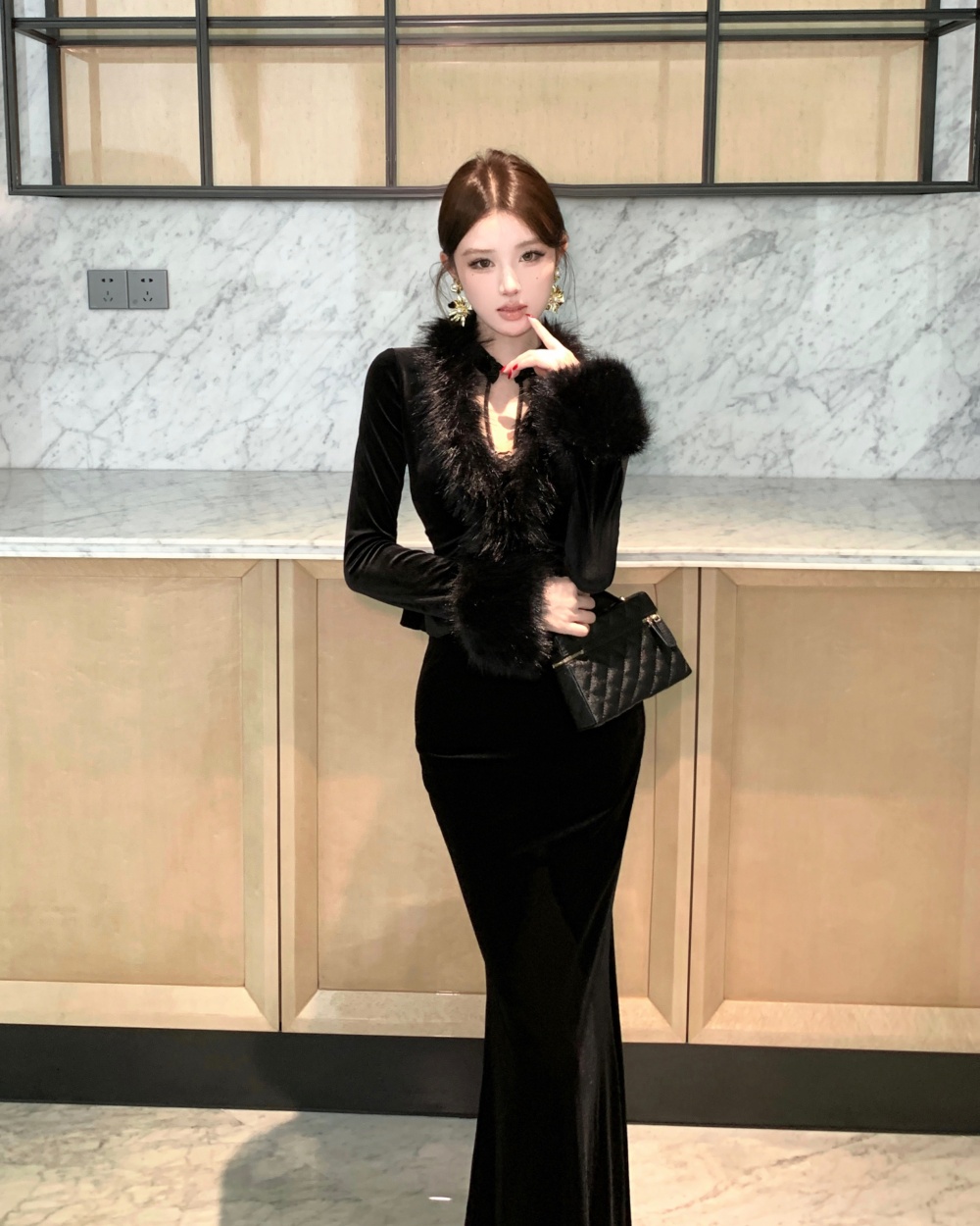 Splice slim gauze coat autumn and winter velvet dress a set