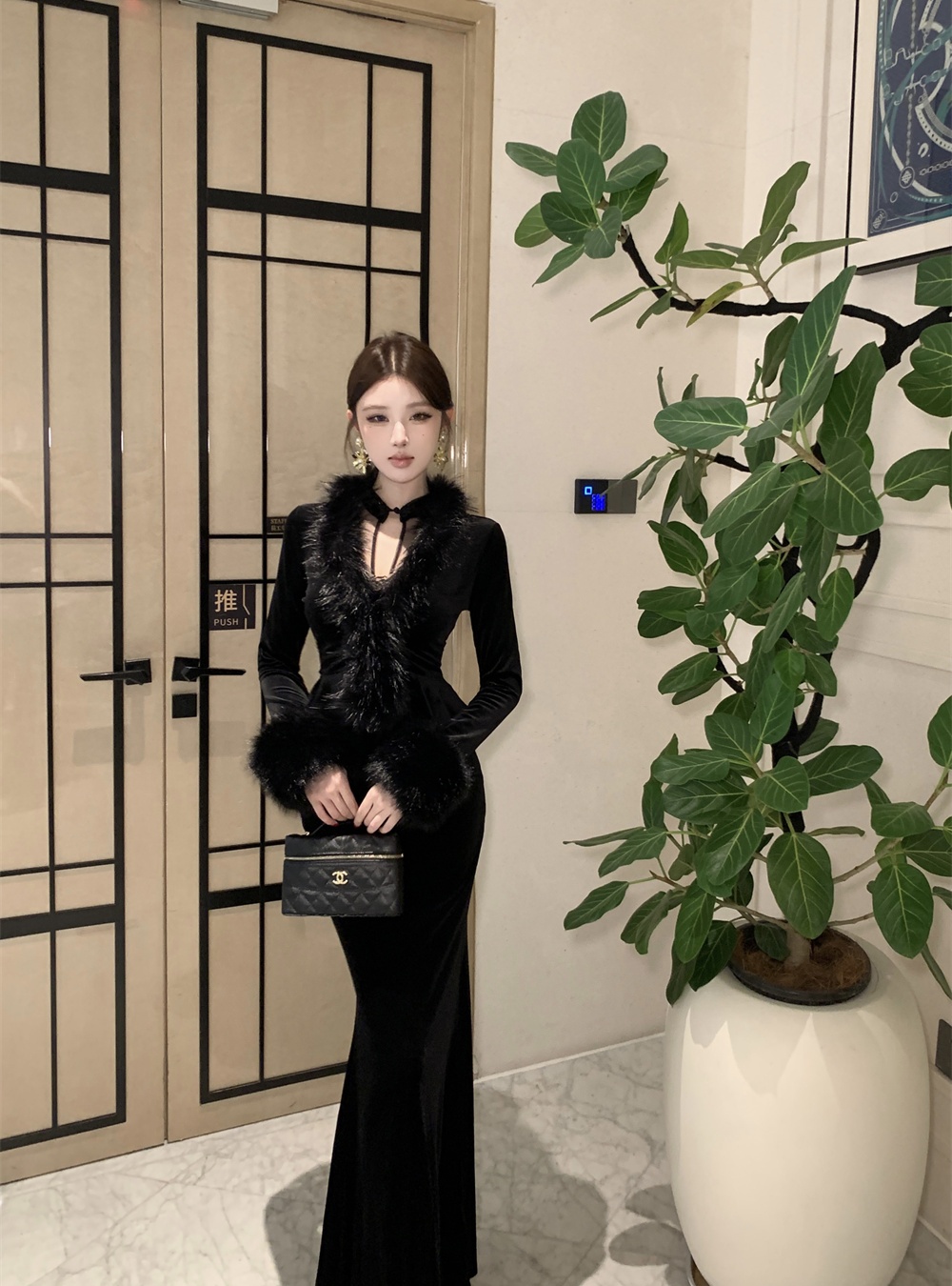 Splice slim gauze coat autumn and winter velvet dress a set