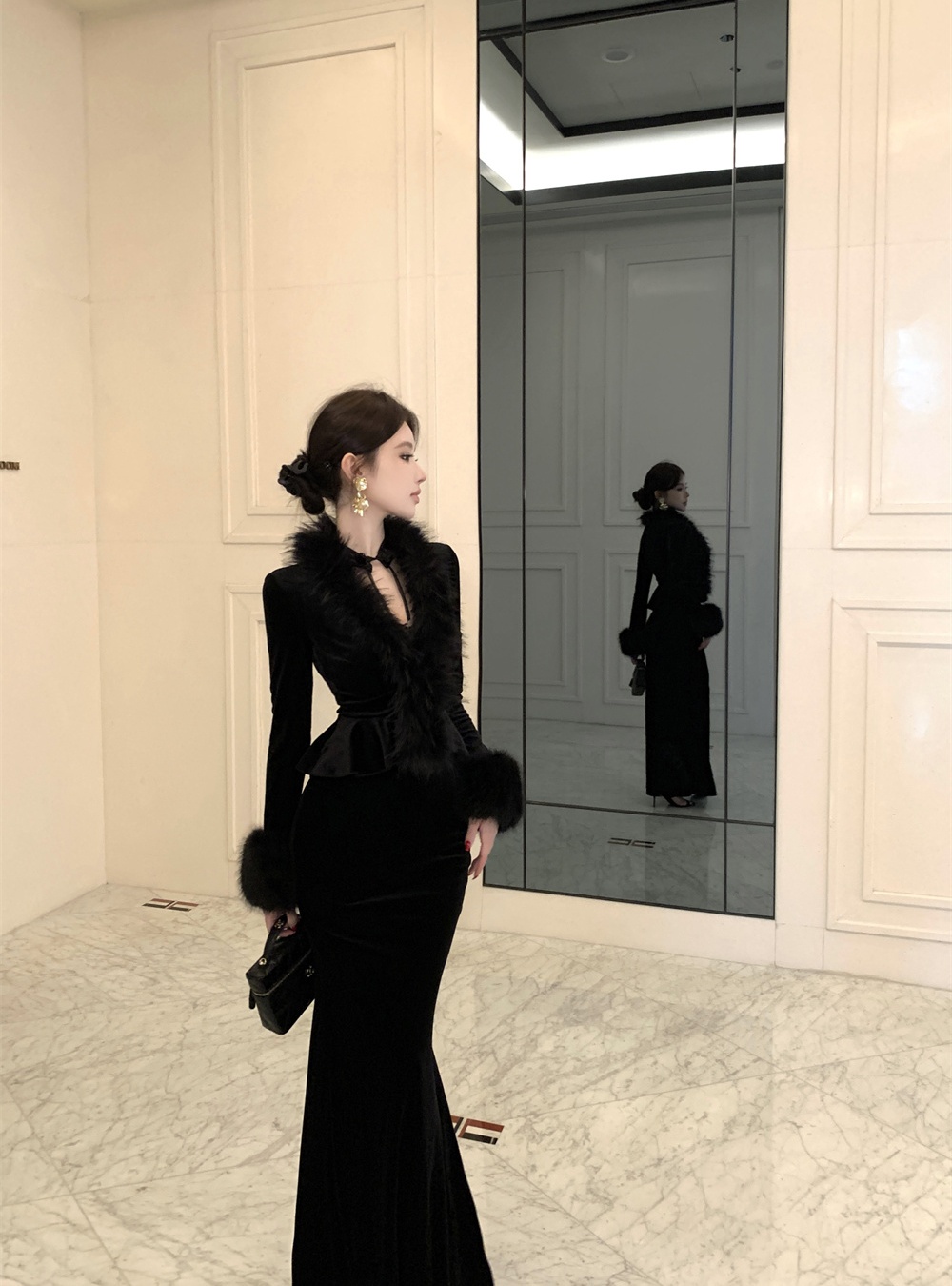 Splice slim gauze coat autumn and winter velvet dress a set