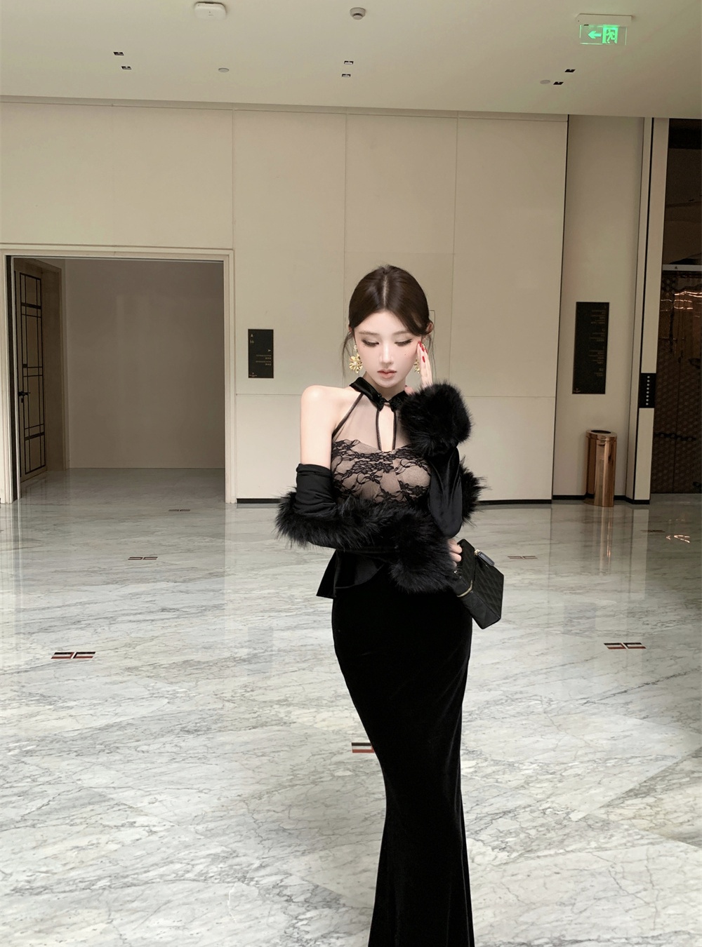 Splice slim gauze coat autumn and winter velvet dress a set