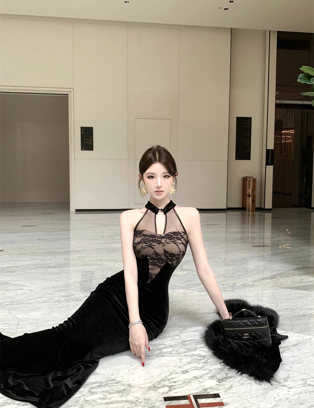 Splice slim gauze coat autumn and winter velvet dress a set