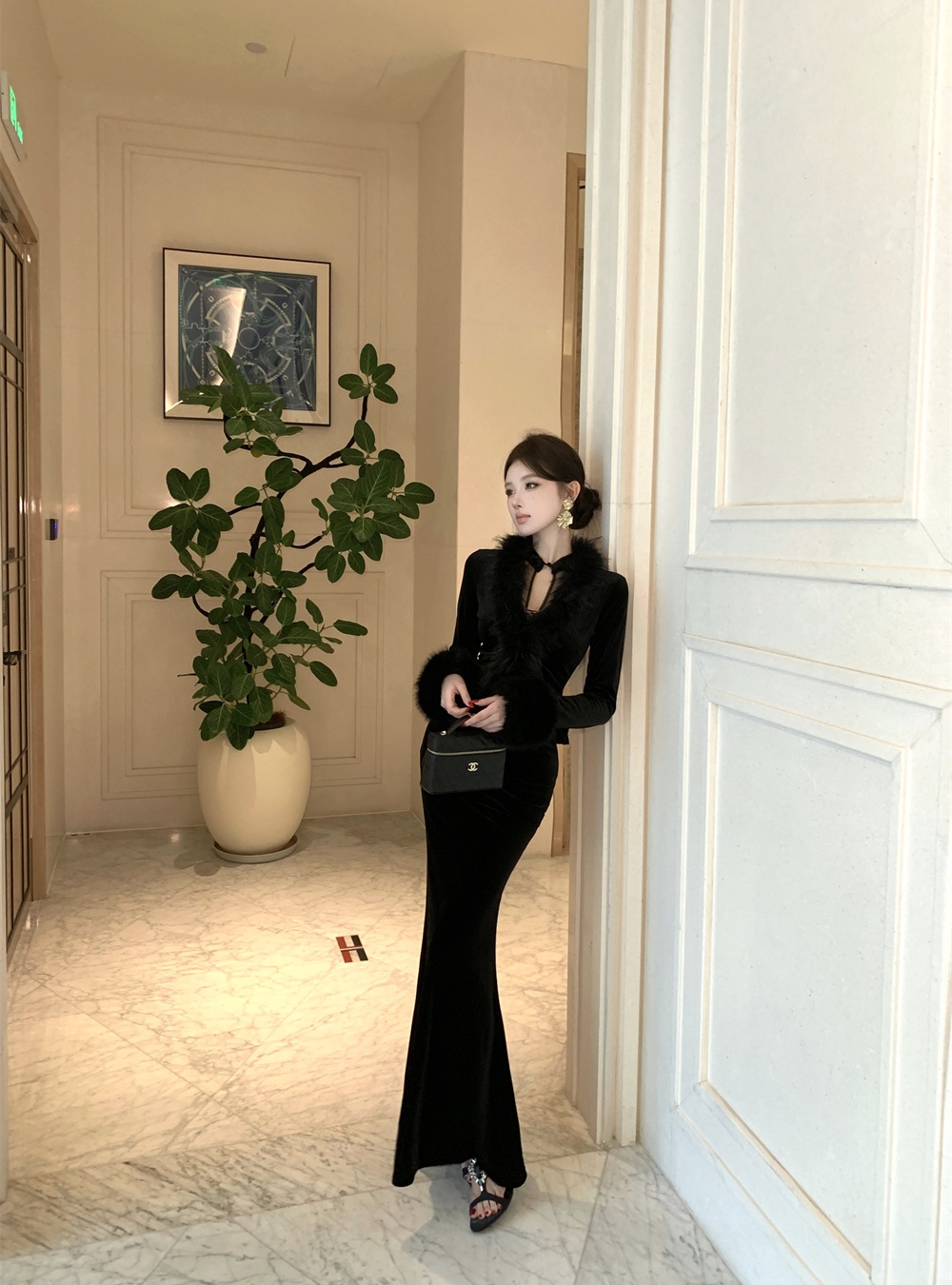 Splice slim gauze coat autumn and winter velvet dress a set