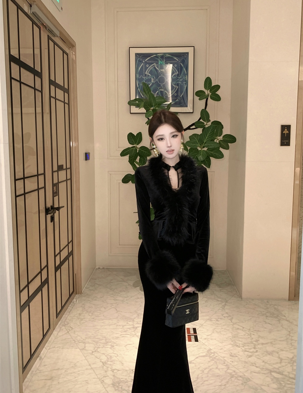 Splice slim gauze coat autumn and winter velvet dress a set