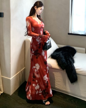 V-neck autumn long Casual printing retro dress