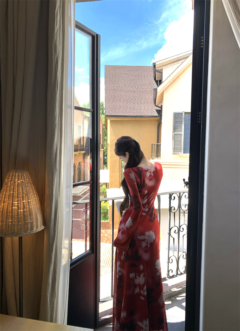 V-neck autumn long Casual printing retro dress