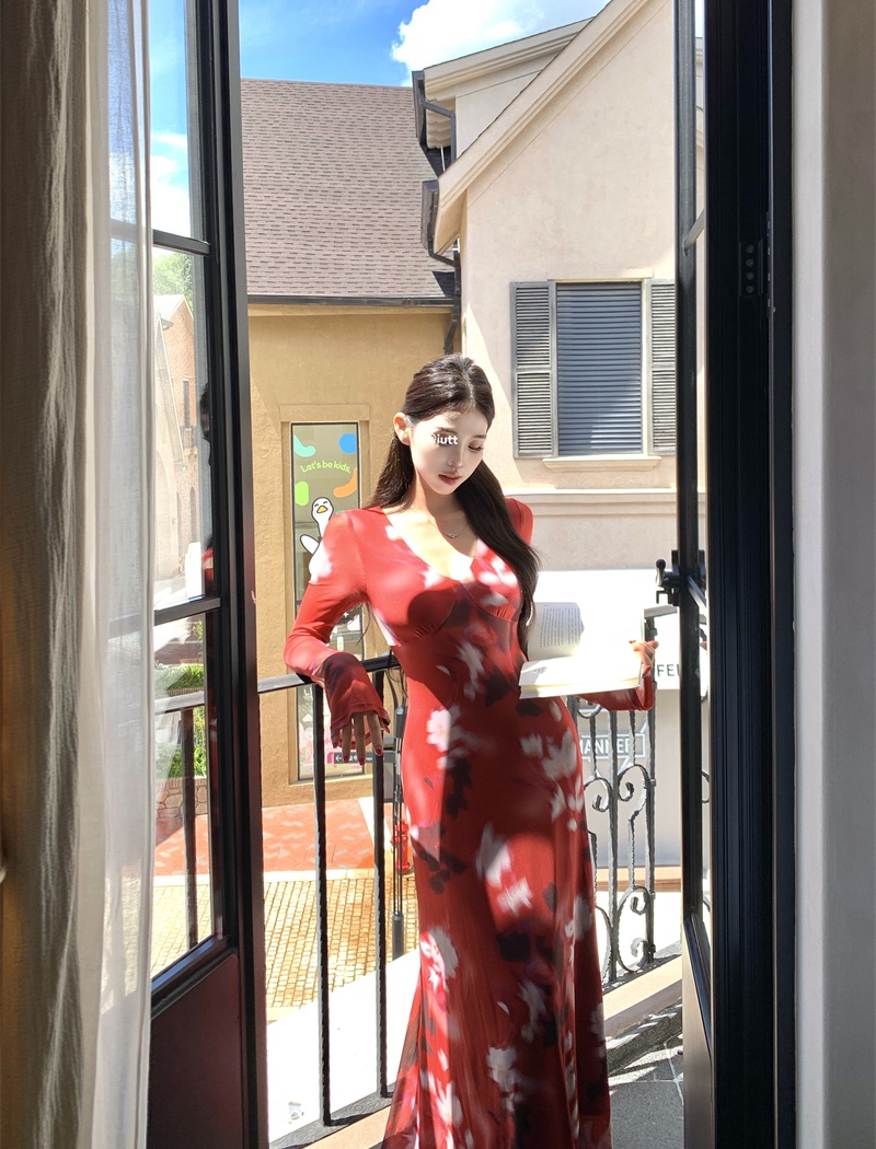 V-neck autumn long Casual printing retro dress