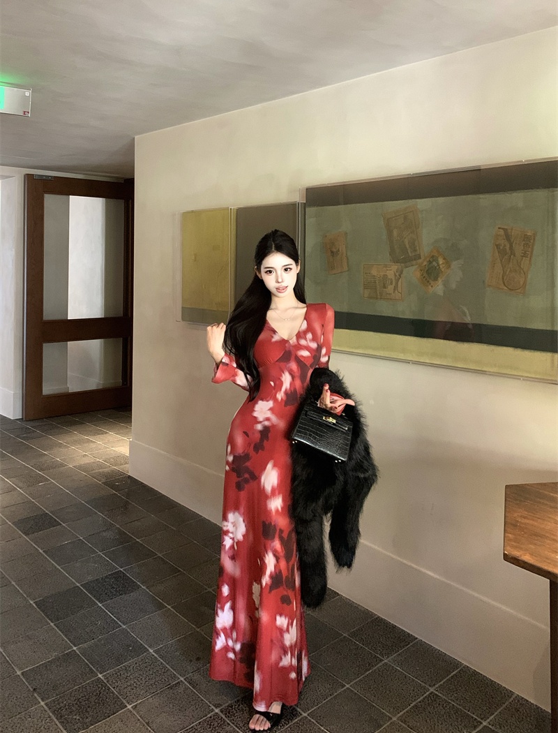 V-neck autumn long Casual printing retro dress