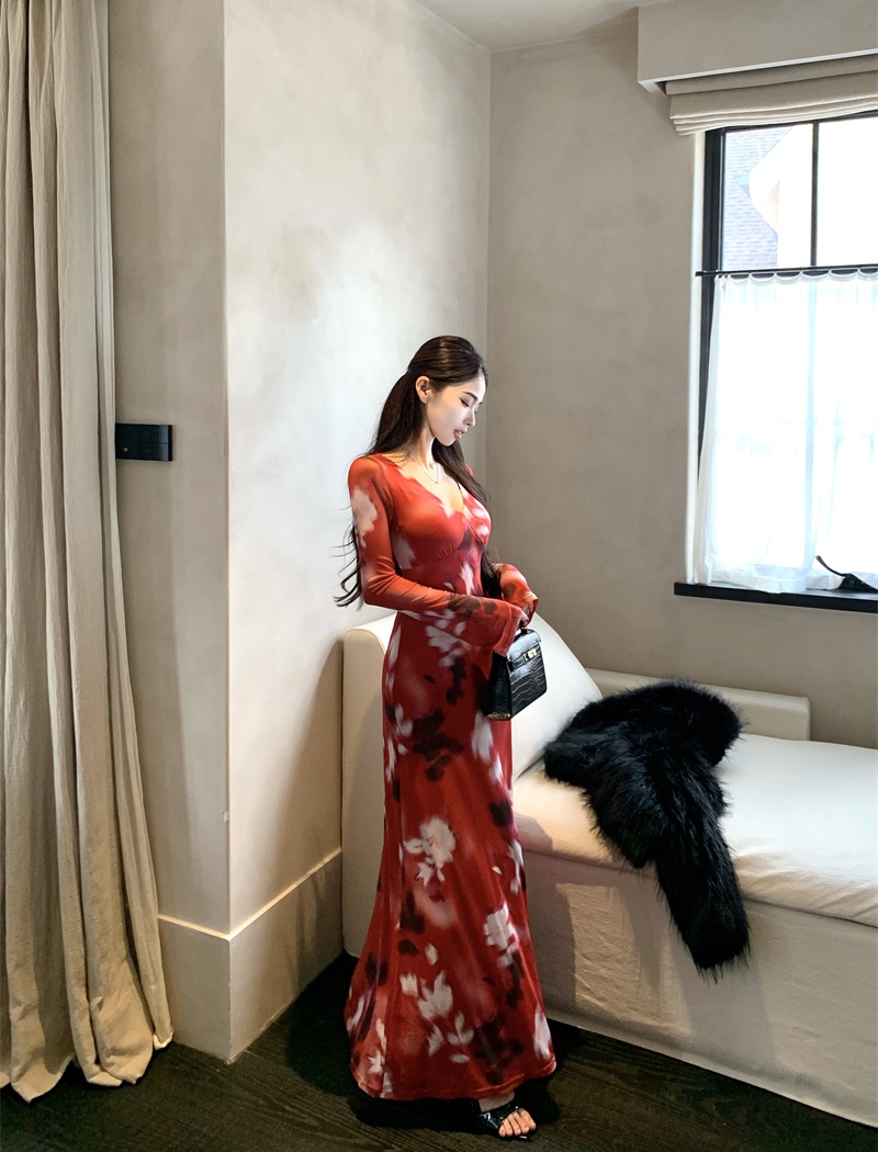 V-neck autumn long Casual printing retro dress