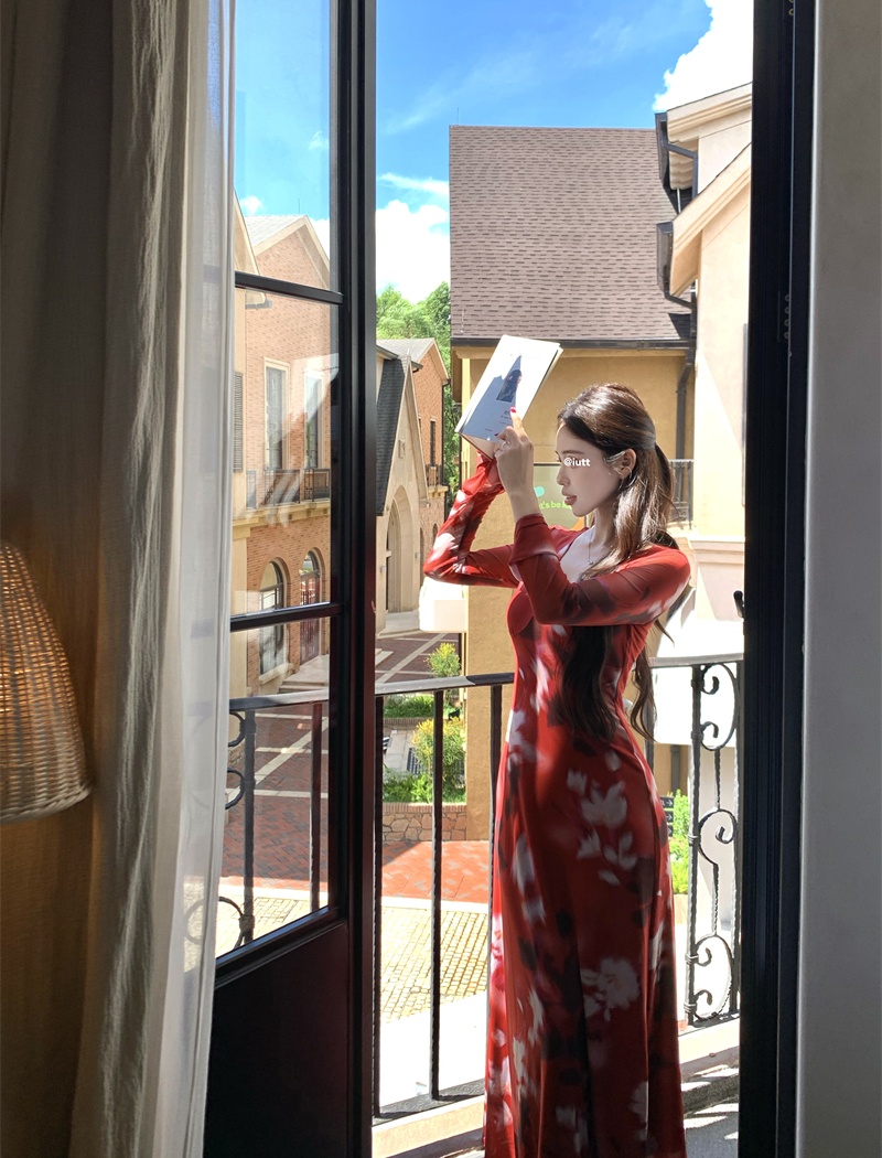 V-neck autumn long Casual printing retro dress