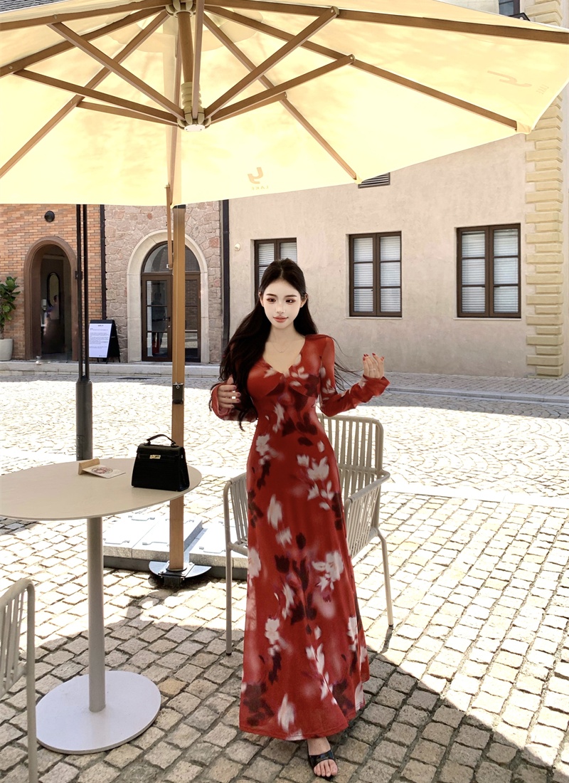 V-neck autumn long Casual printing retro dress