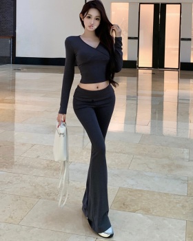 V-neck Casual long pants micro speaker slim tops a set