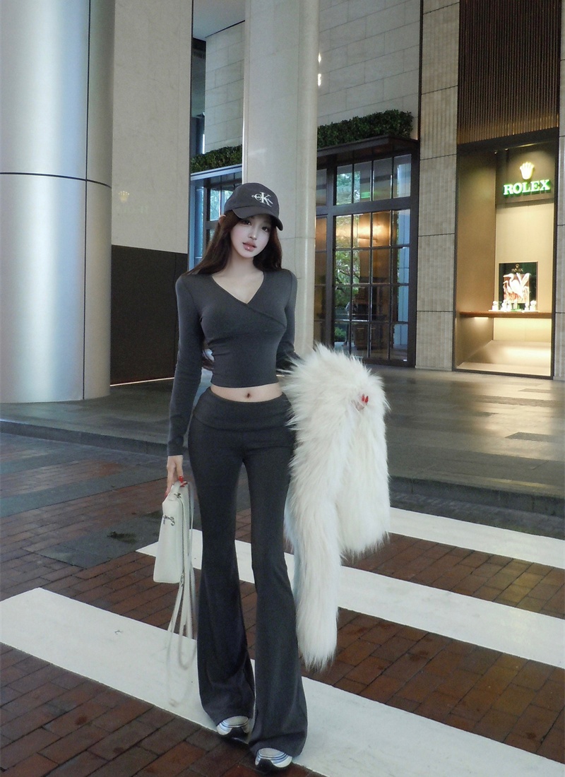 V-neck Casual long pants micro speaker slim tops a set