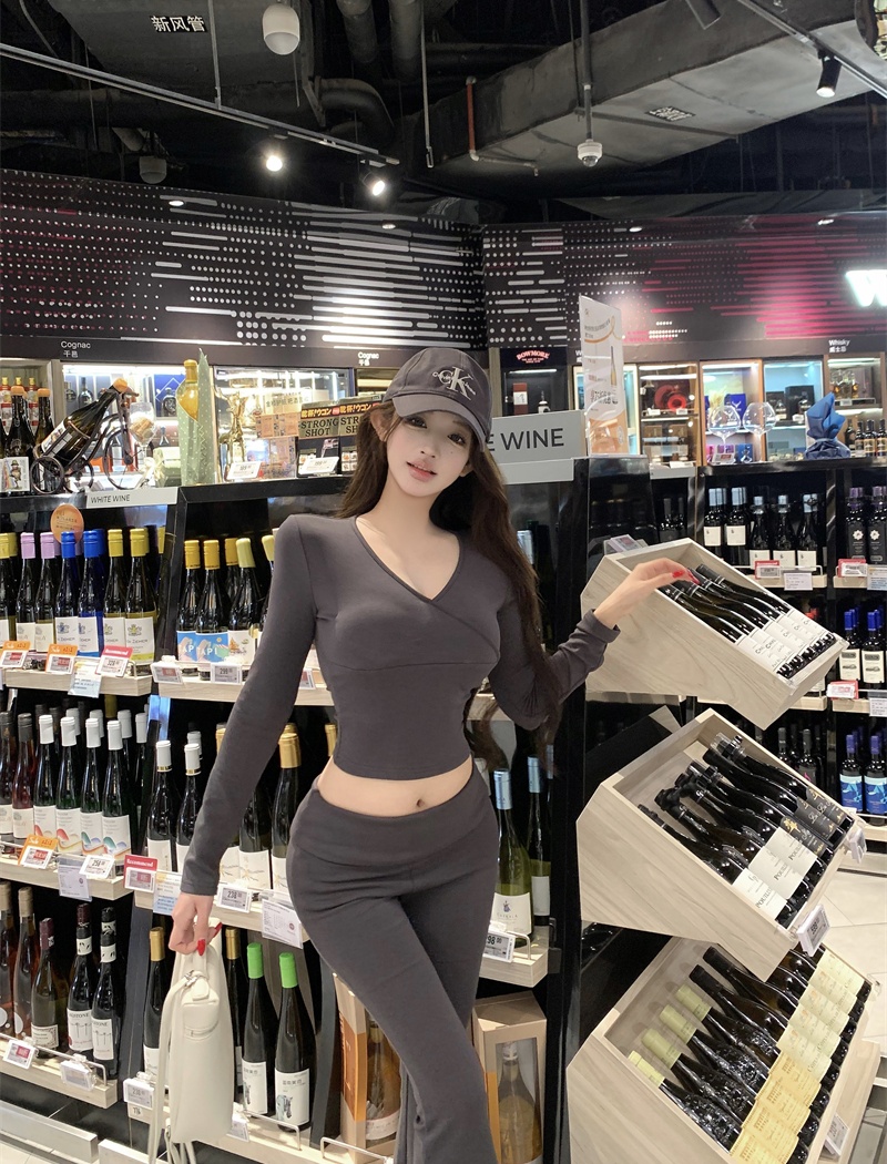 V-neck Casual long pants micro speaker slim tops a set