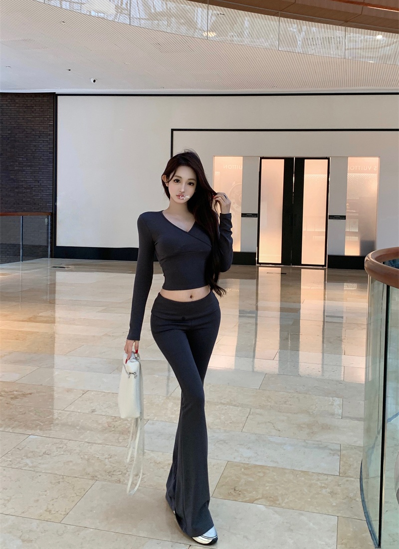 V-neck Casual long pants micro speaker slim tops a set