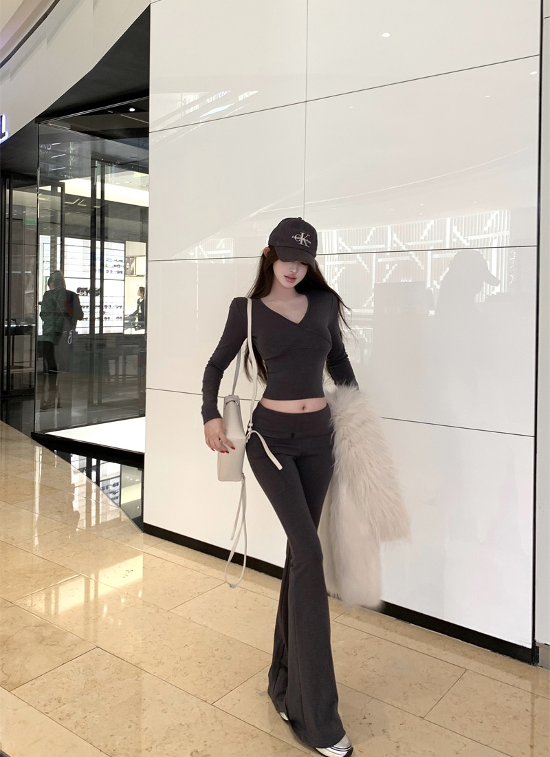 V-neck Casual long pants micro speaker slim tops a set