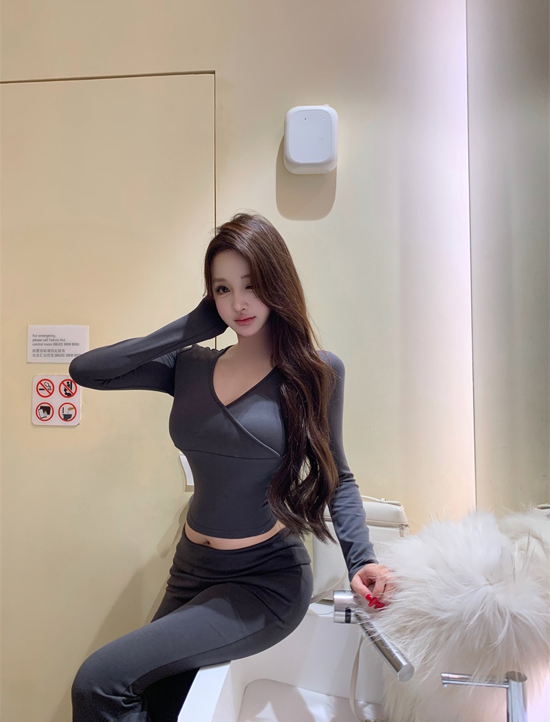 V-neck Casual long pants micro speaker slim tops a set