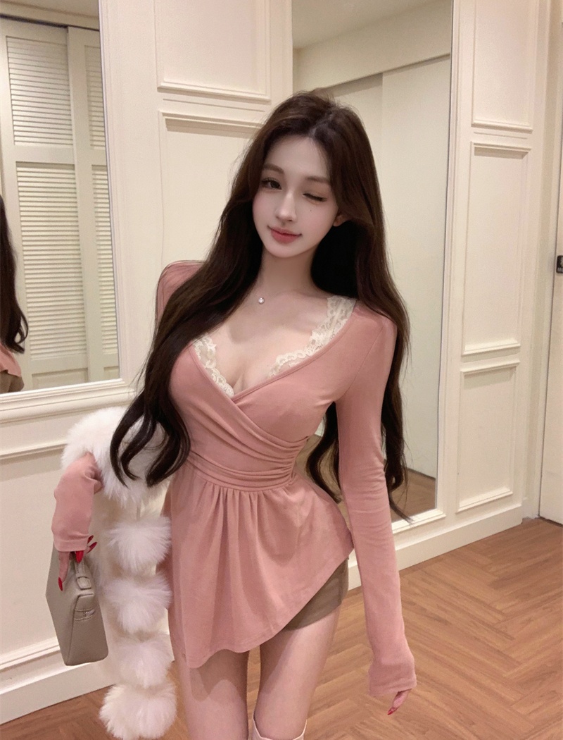 Lace V-neck splice long sleeve slim bottoming shirt