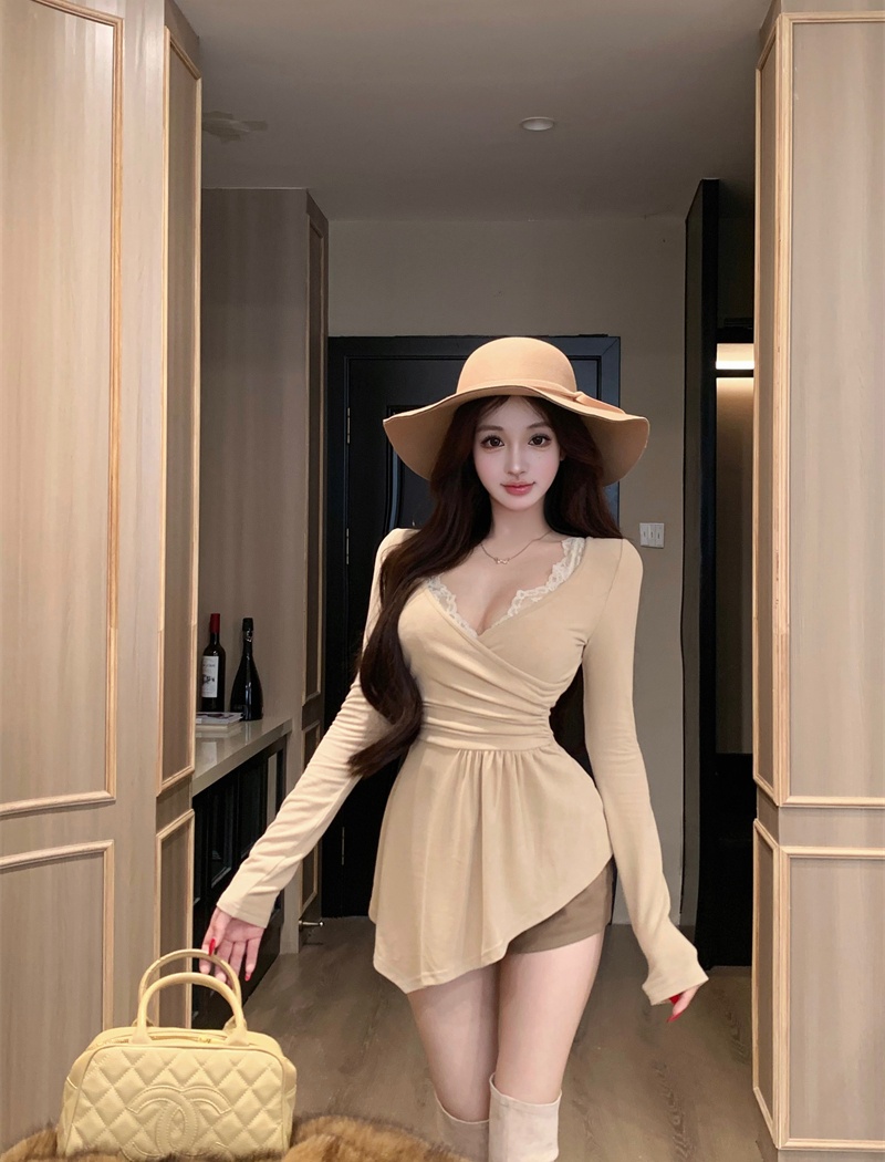 Lace V-neck splice long sleeve slim bottoming shirt