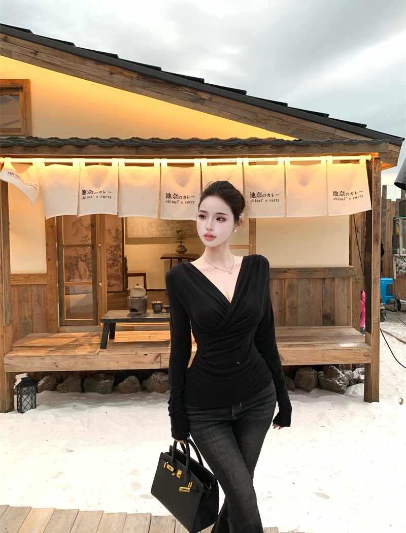 Fold cross V-neck tops slim long sleeve sweater