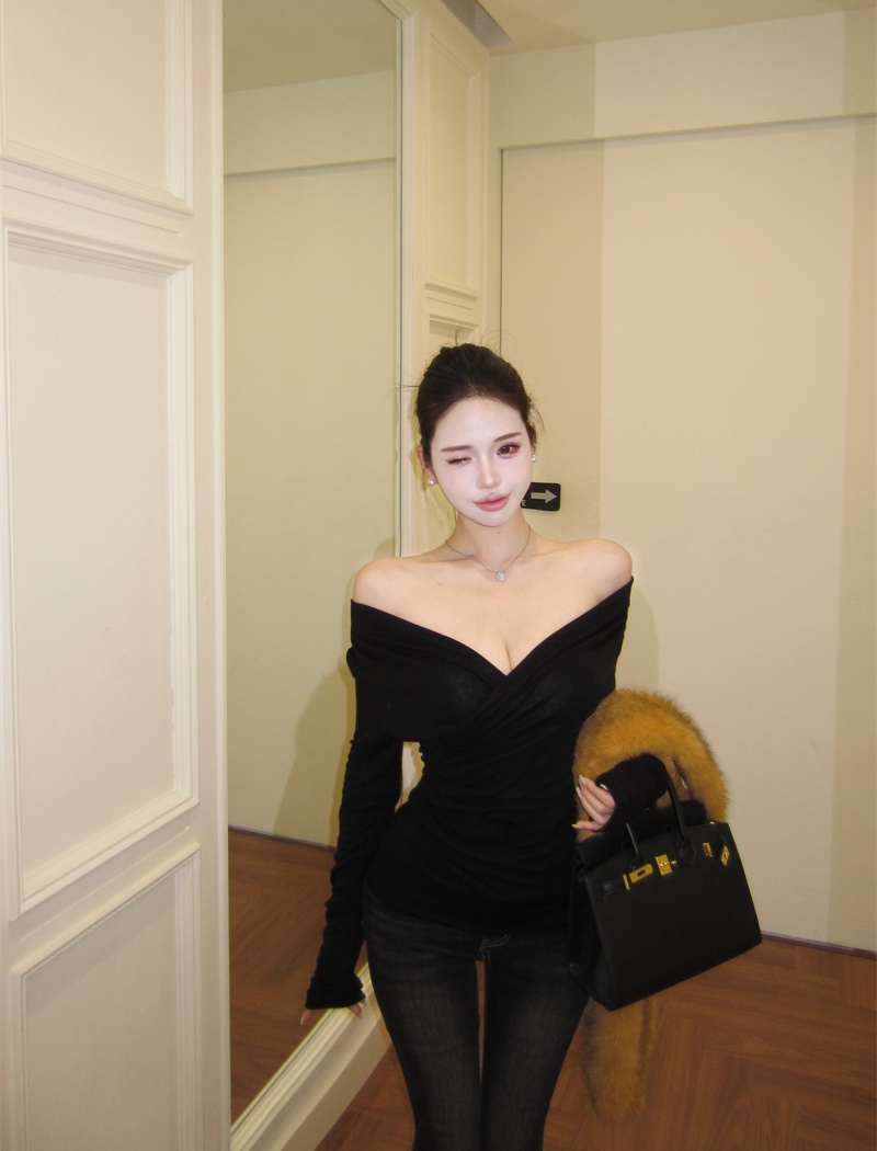 Fold cross V-neck tops slim long sleeve sweater