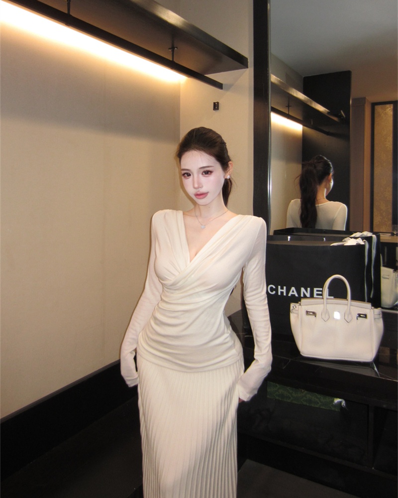 Fold cross V-neck tops slim long sleeve sweater