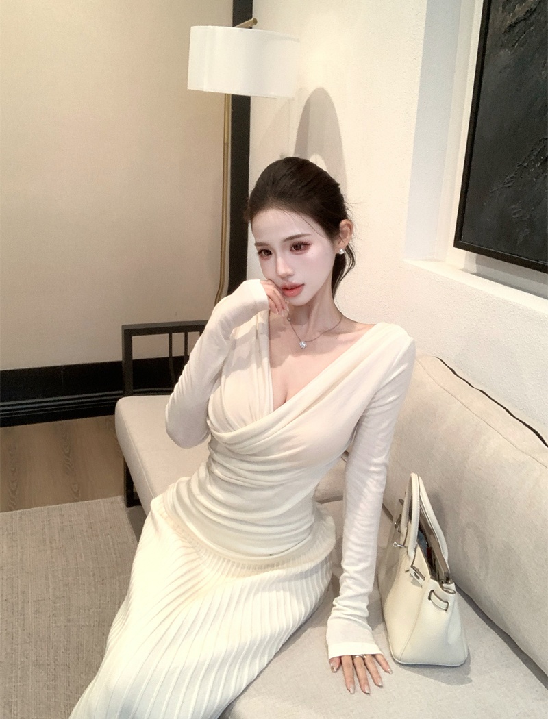 Fold cross V-neck tops slim long sleeve sweater