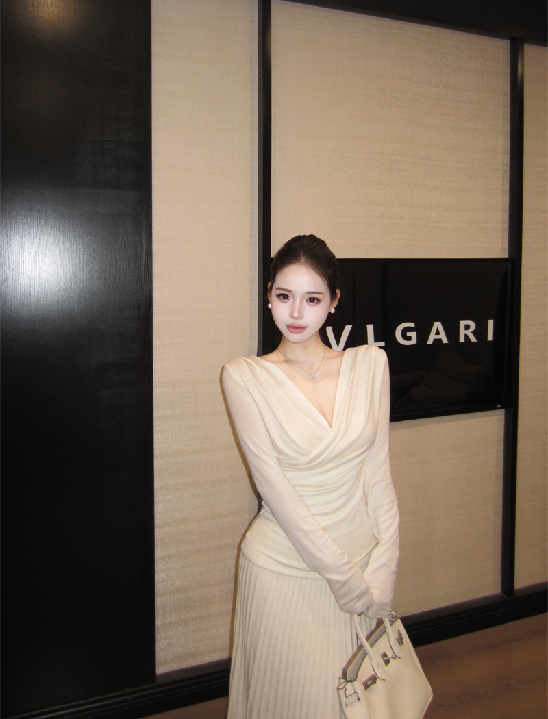 Fold cross V-neck tops slim long sleeve sweater