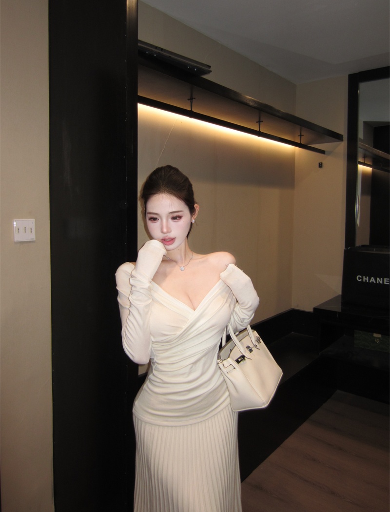 Fold cross V-neck tops slim long sleeve sweater