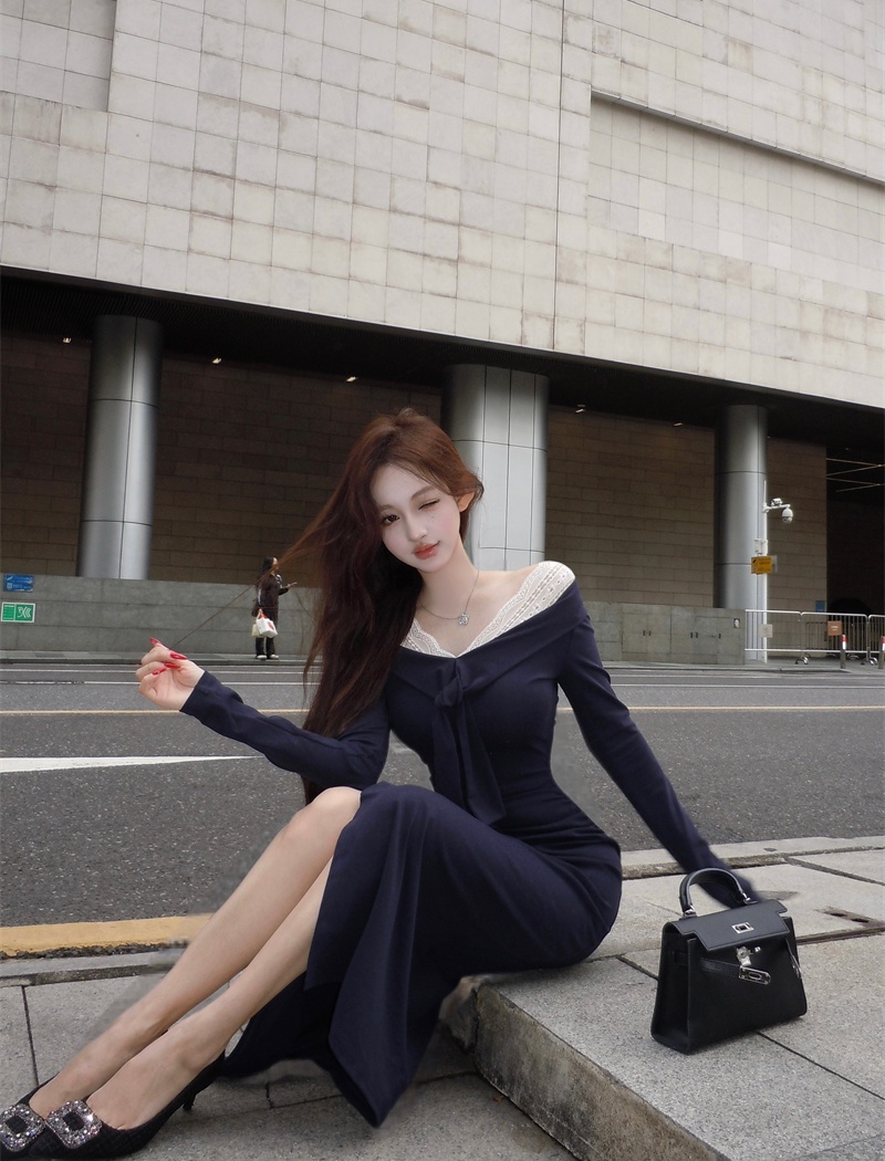 Splice V-neck France style frenum lace dress