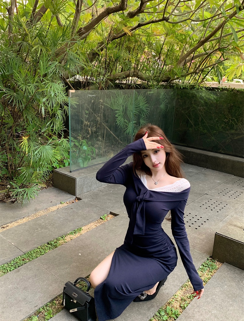 Splice V-neck France style frenum lace dress