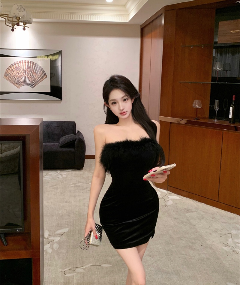 Velvet sexy slim wrapped chest ostrich hair swan dress