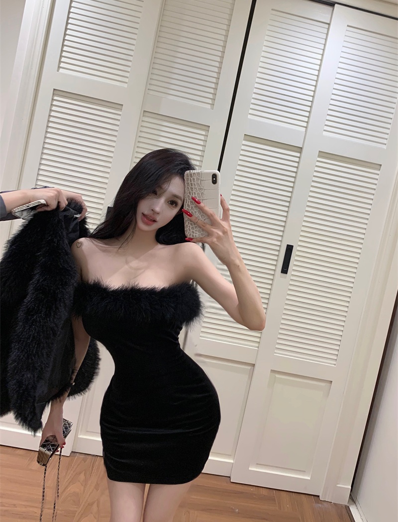 Velvet sexy slim wrapped chest ostrich hair swan dress