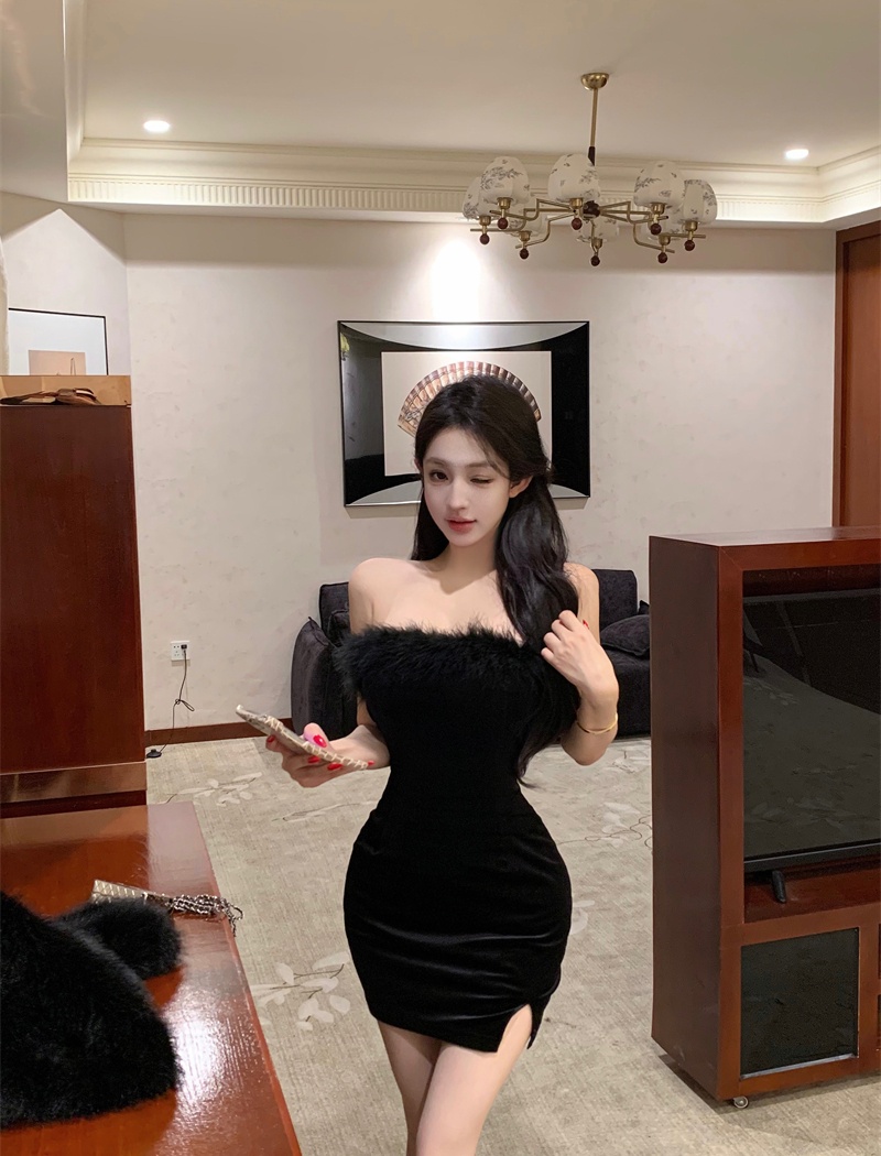 Velvet sexy slim wrapped chest ostrich hair swan dress