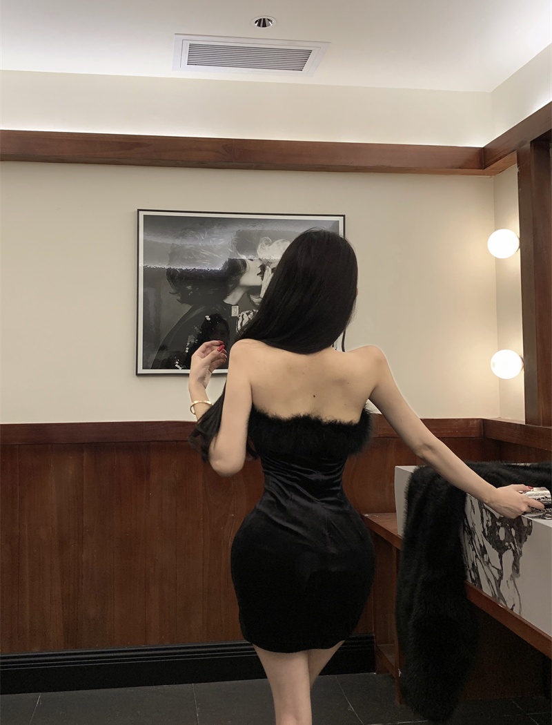 Velvet sexy slim wrapped chest ostrich hair swan dress