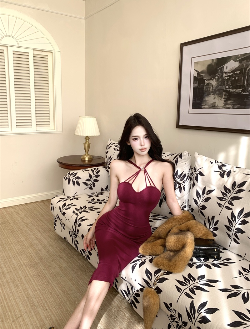 Cross bandage halter slim dress for women