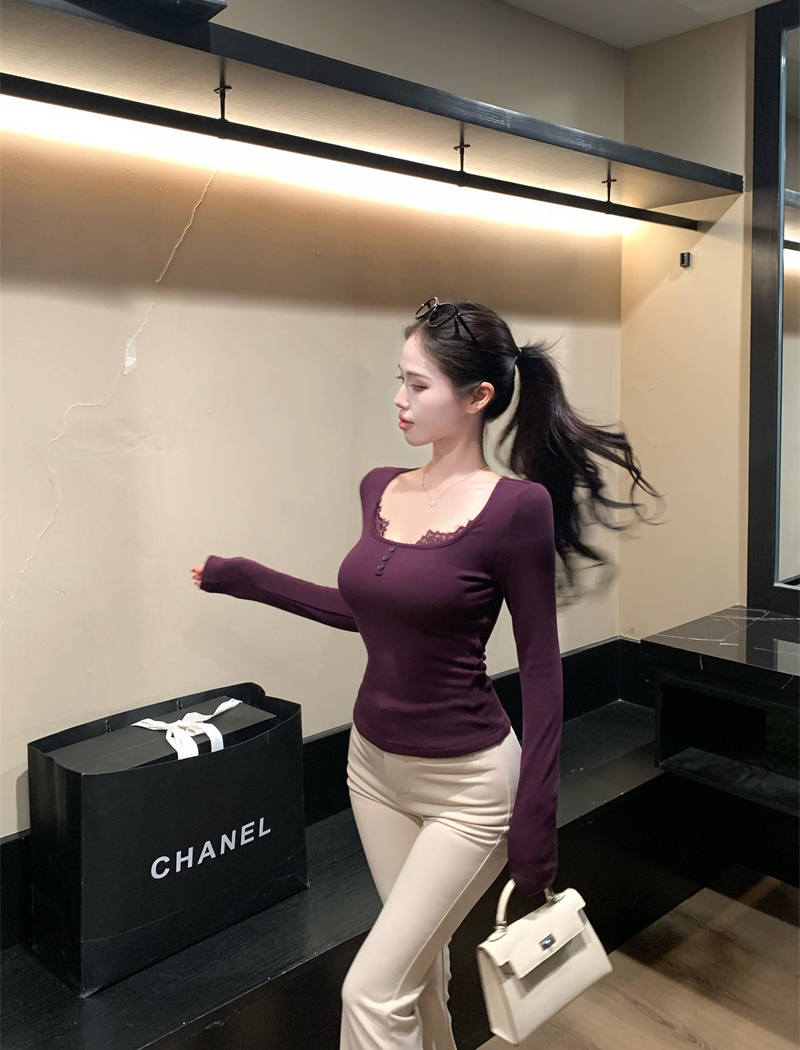 U-neck slim tops enticement lace sweater