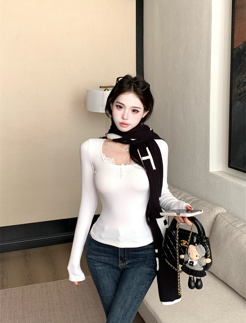 U-neck slim tops enticement lace sweater