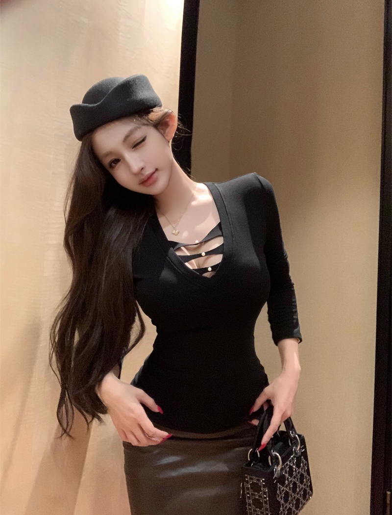 Temperament V-neck T-shirt long sleeve bottoming tops for women