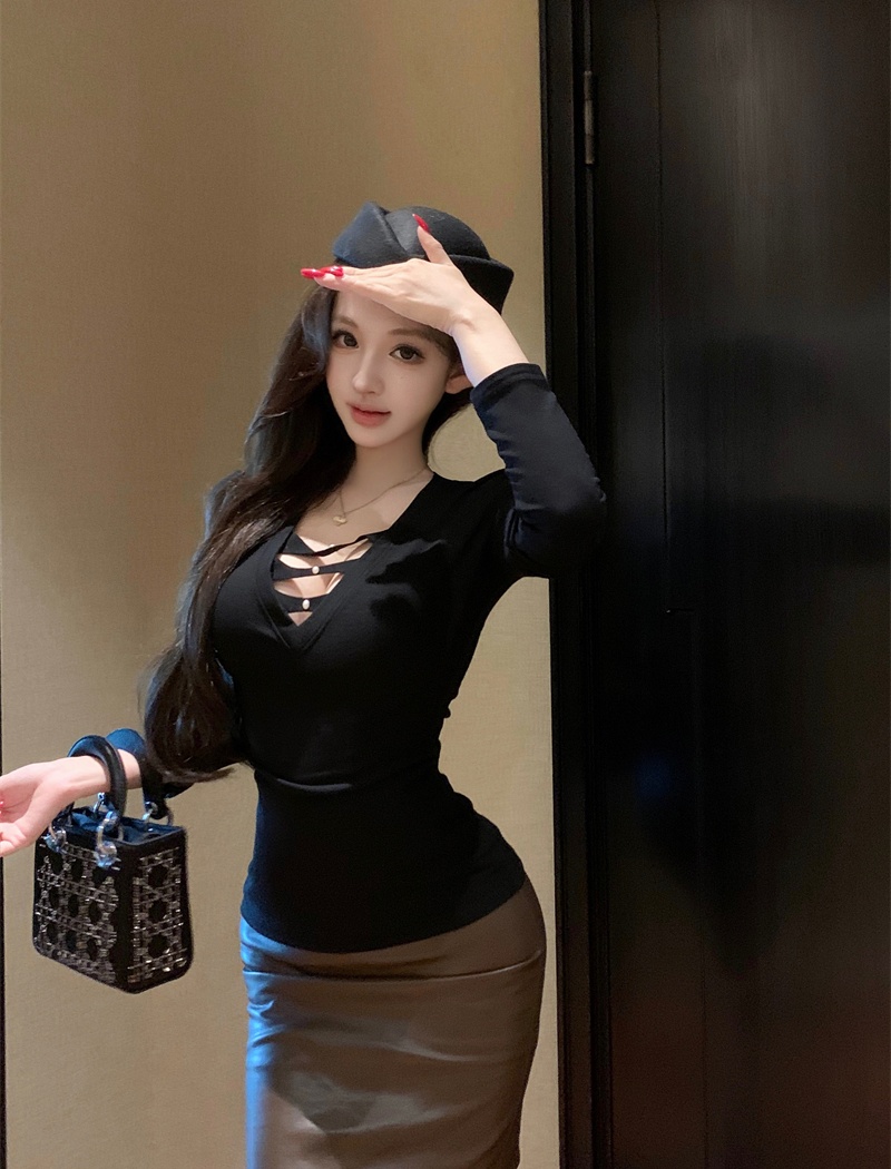 Temperament V-neck T-shirt long sleeve bottoming tops for women