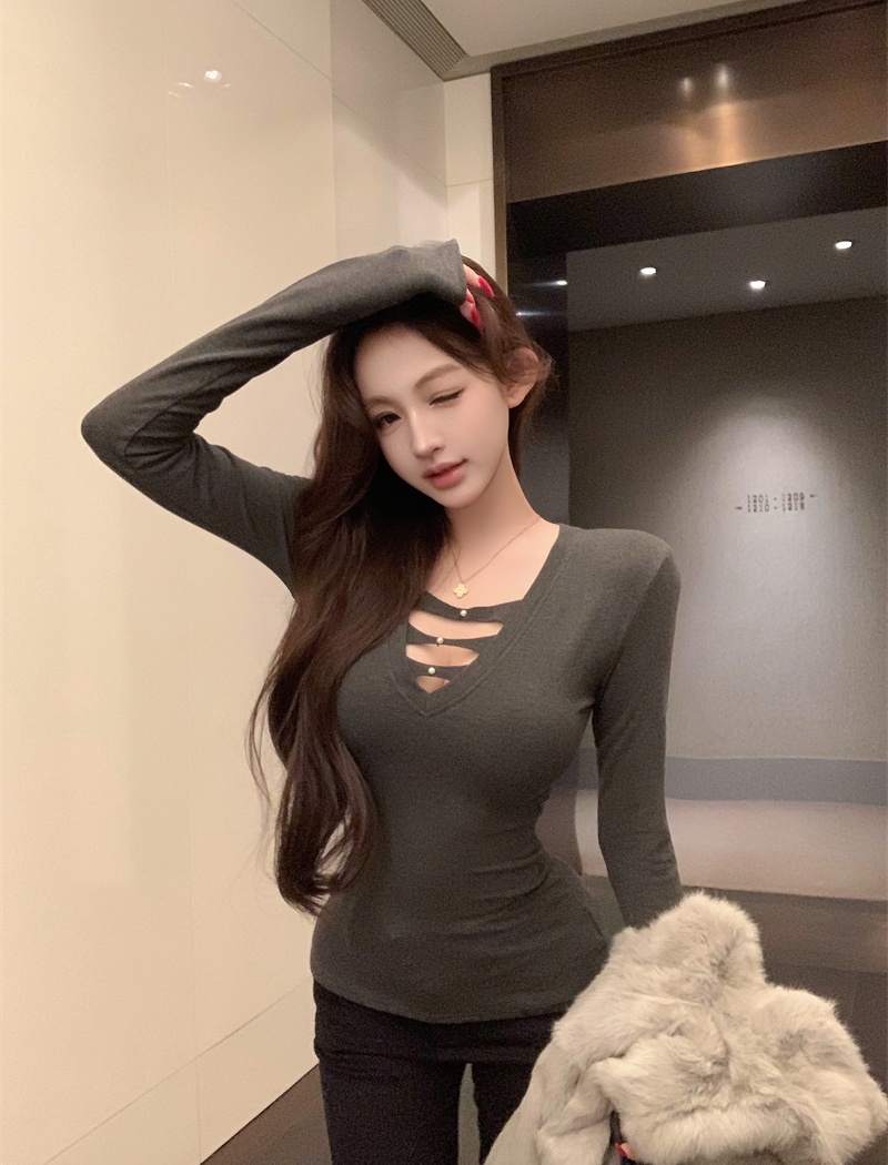 Temperament V-neck T-shirt long sleeve bottoming tops for women