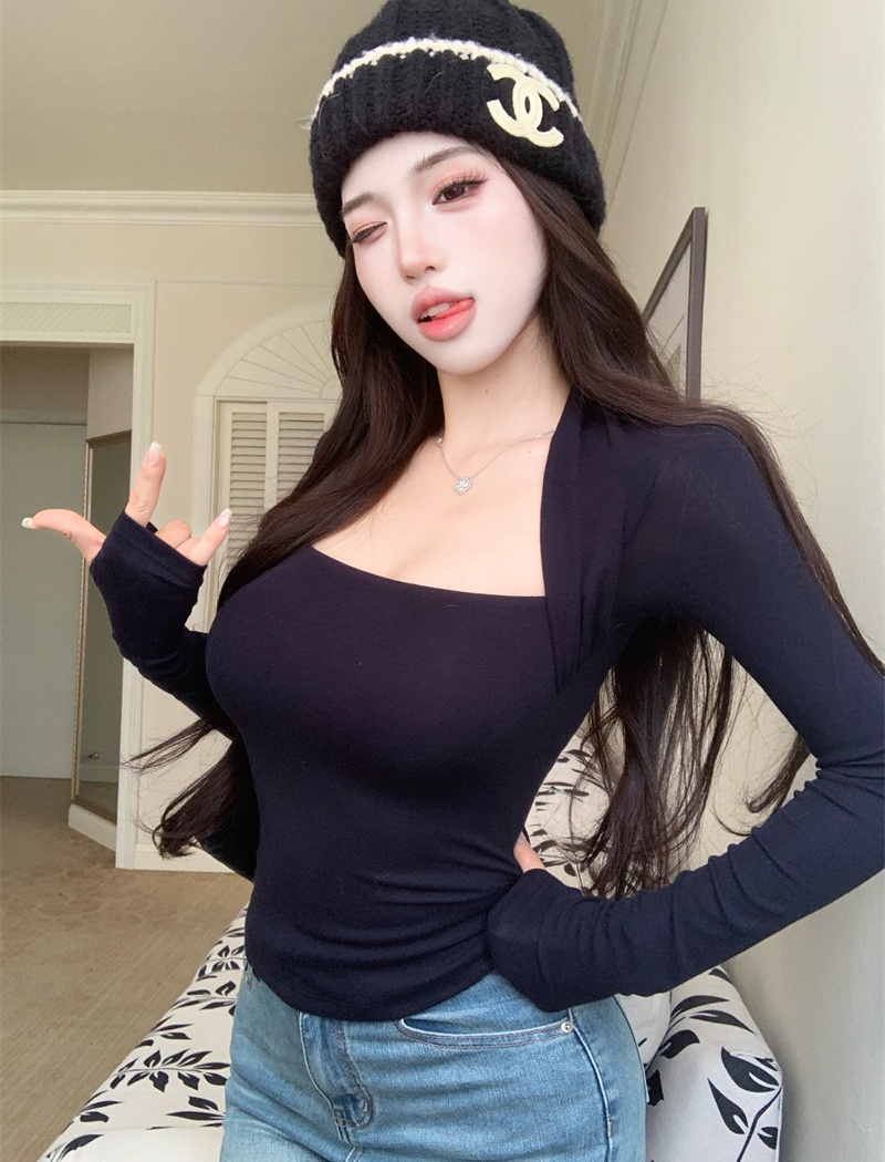 Bottoming square collar long sleeve slim Pseudo-two tops