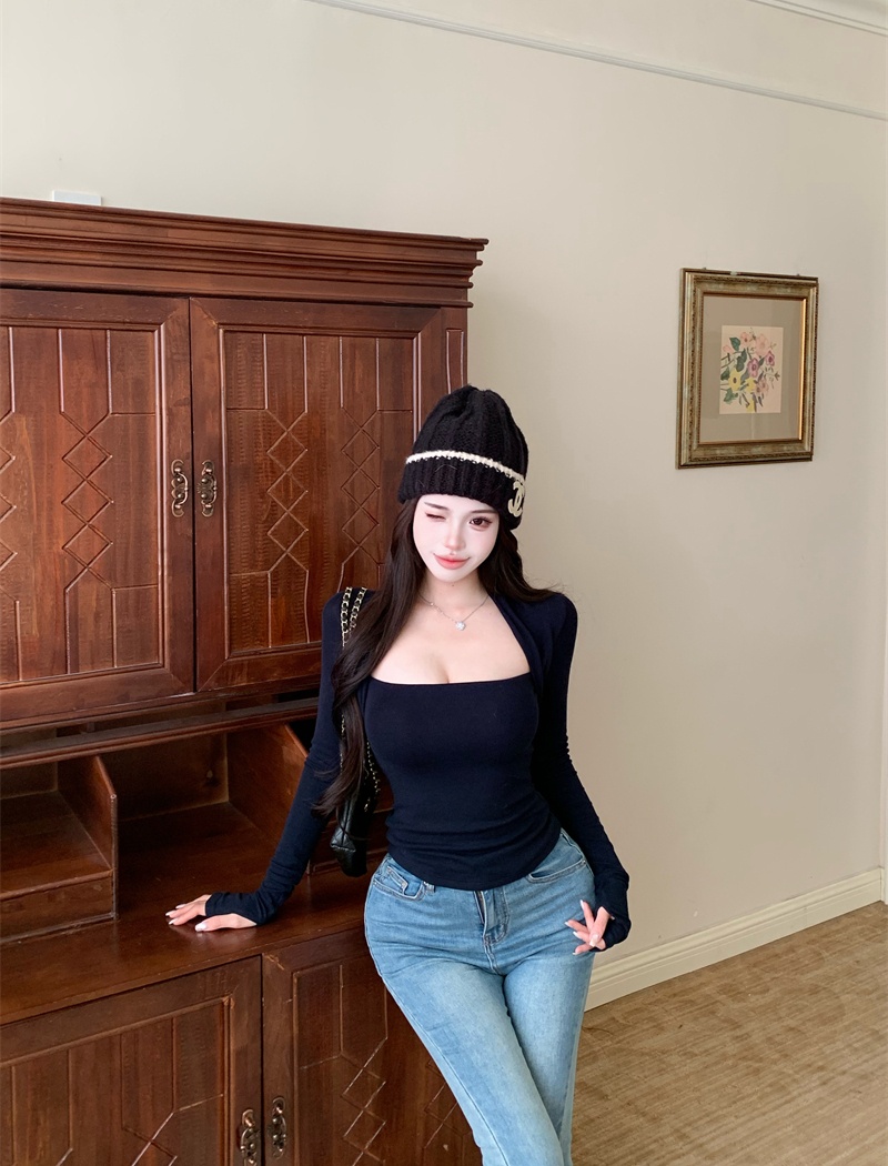 Bottoming square collar long sleeve slim Pseudo-two tops