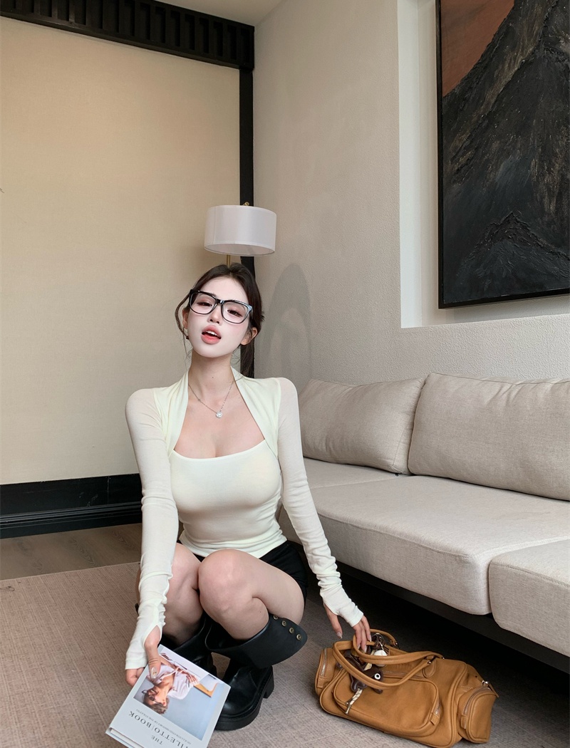 Bottoming square collar long sleeve slim Pseudo-two tops