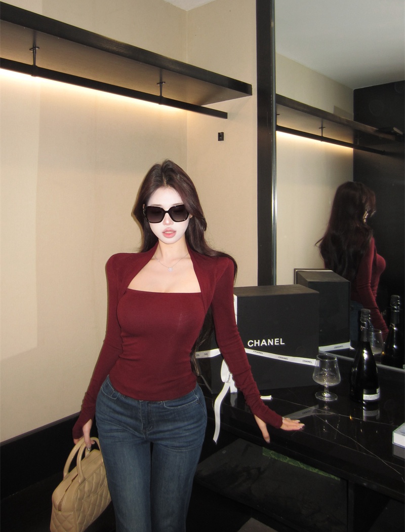 Bottoming square collar long sleeve slim Pseudo-two tops
